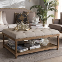 Baxton Studio TSF-9325-Beige-Otto Carlotta French Country Weathered Oak Beige Linen Rectangular Coffee Table Ottoman